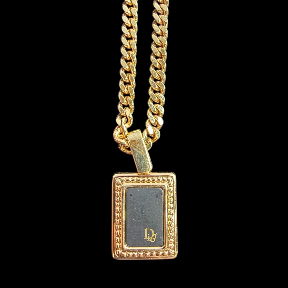 Vintage Christian Dior Pendant Necklace Women OS Gold Black Logo Curb Chain - Picture 2 of 7